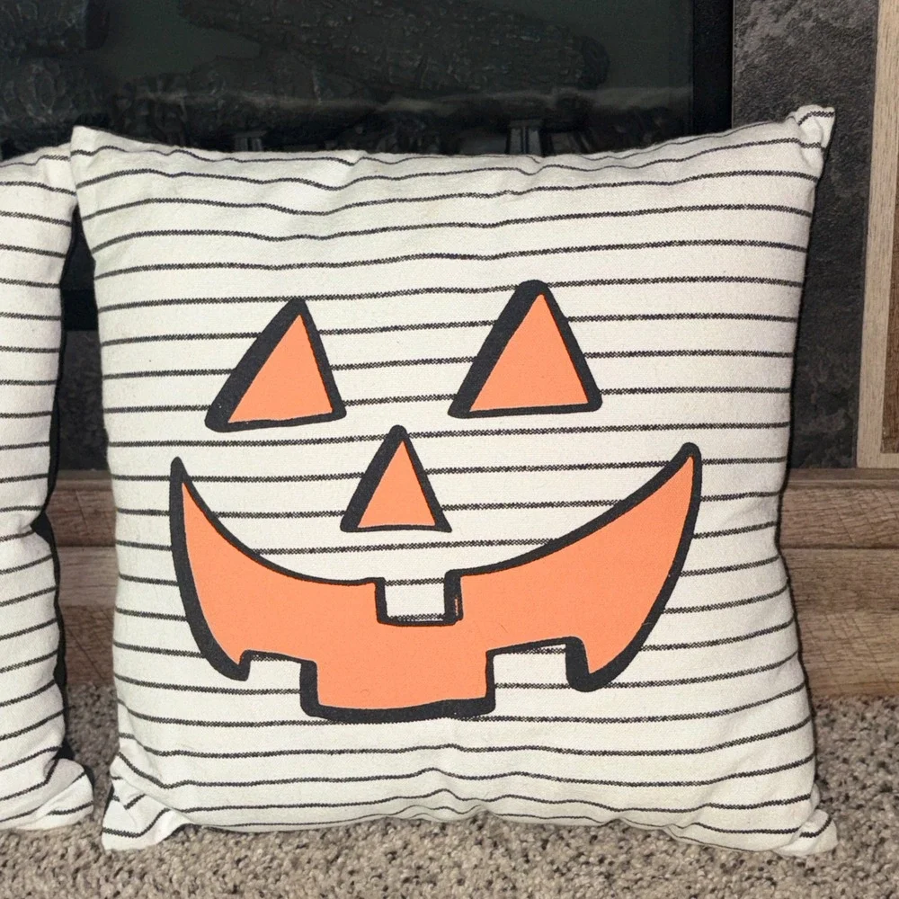 Halloween Jack-O-Lantern Striped Throw Pillows Set of 2 Black White Orange 12x12